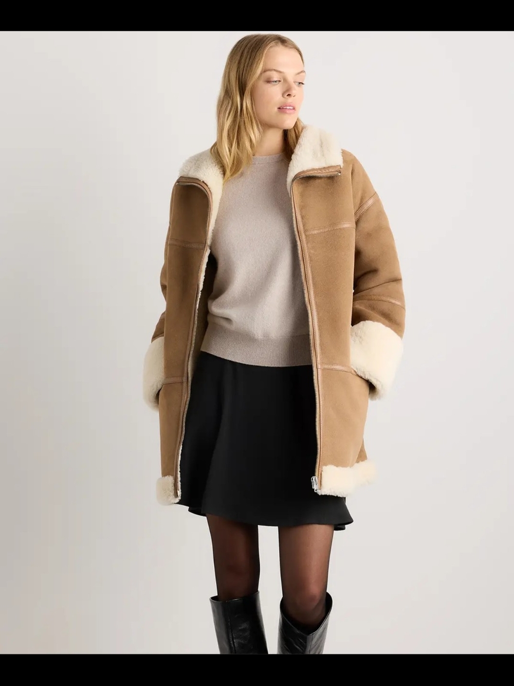 QUINCE 100% Shearling Long Coat Fawn Off-White Medium NWOT Genuine Leather - Picture 1 of 8